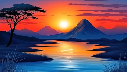 landscape cartoon illustration nature, mountain, lake, river