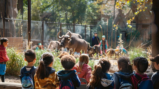 Children watching african buffaloes at the zoo during a school field trip on a sunny day outdoors .