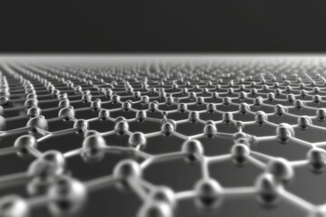 Obraz premium Three-dimensional graphene lattice structure of shiny carbon atoms in hexagonal pattern on dark gradient background