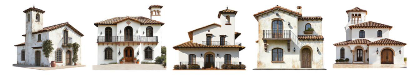 Fototapeta premium Collection of Charming Mediterranean Style Houses with Tile Roofs, Isolated on Transparent, white background