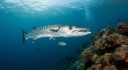 Fototapeta premium Barracuda patrols coral reef habitat