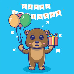 Illustration vector grapich of cute bear holding balloons and gift perfect for birthday card and invitation 