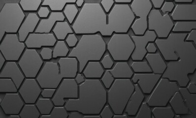 Abstract black hexagonal pattern texture with cracks and shadows.