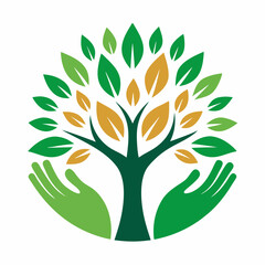 Human hands and tree with green leaves. Logo, symbol, icon, illustration, vector, template, design 