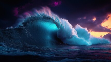 Powerful ocean wave curling under dramatic sky at sunset with vibrant blue and purple hues