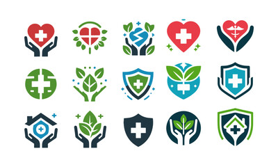 Colorful Health and Medical Icons Set. representing various health, medical, and wellness concepts, featuring hearts, shields, medical crosses, hands, leaves, and houses.