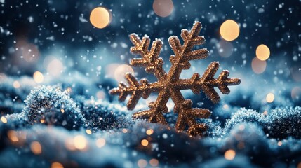 Fototapeta premium Glittering golden snowflake in snowy scene
