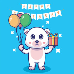 Illustration vector grapich of cute white bears holding balloons and gift perfect for birthday card and invitation 