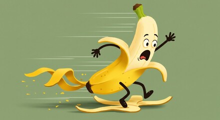 Cartoon banana slips runs for safety