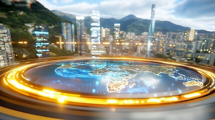 Interactive digital experience in a virtual conference room overlooking futuristic cityscape