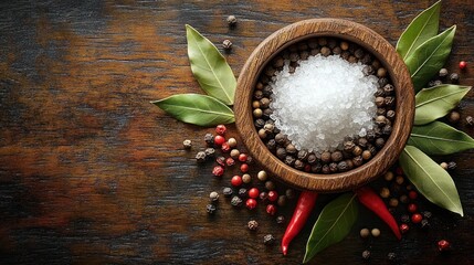 wooden bowl filled with coarse salt and peppercorns surrounded by bay leaves, chili peppers, and assorted peppercorns on dark wooden surface