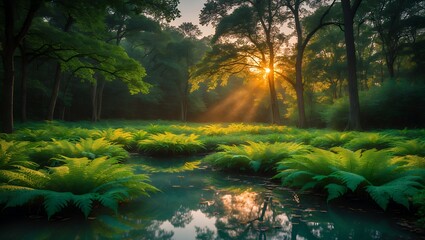 Fototapeta premium Sunset Light Through Forest Trees and Ferns Reflecting in Water