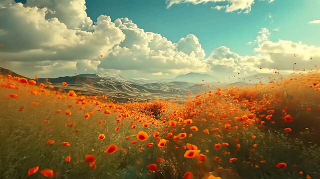 Scenic view of vibrant orange poppies blowing in the wind against a backdrop of rolling hills and fluffy clouds
