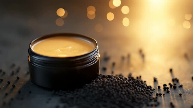 A jar of cream is sitting on a table with a pile of black beans next to it. The scene is simple and uncluttered, with the cream jar being the main focus. The black beans add a touch of color