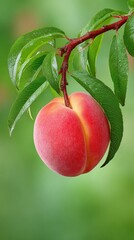 Fresh Juicy Peach with Vibrant Green Leaves on Cherry Blossom Background