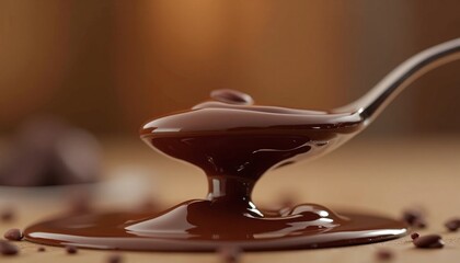 Close-up shot of melted chocolate pouring from a spoon, showcasing its rich texture and glossy appearance