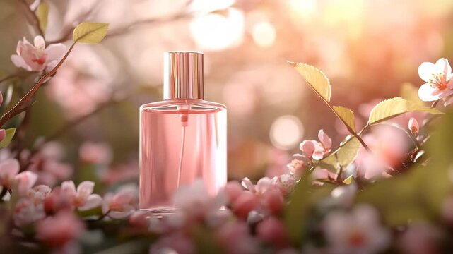 A bottle of perfume is sitting on a bed of pink flowers. Concept of romance and femininity