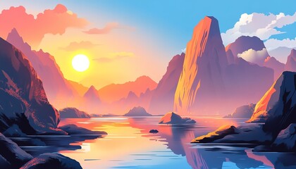 landscape cartoon illustration nature, mountain, lake, river