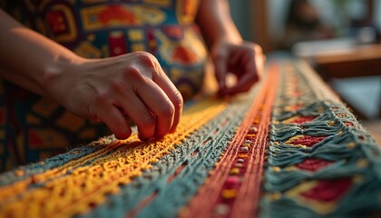 An artisan's hands carefully weaving a vibrant textile with intricate patterns, showcasing craftsmanship and creativity