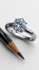 Elegant Diamond Ring with Polished Band Next to Graphite Pencil