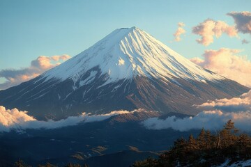 Fototapeta premium Snow-capped mountain towering over forested hills under a bright sky with scattered clouds during golden hour