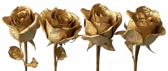 Set of Four Golden Roses on Transparent Background