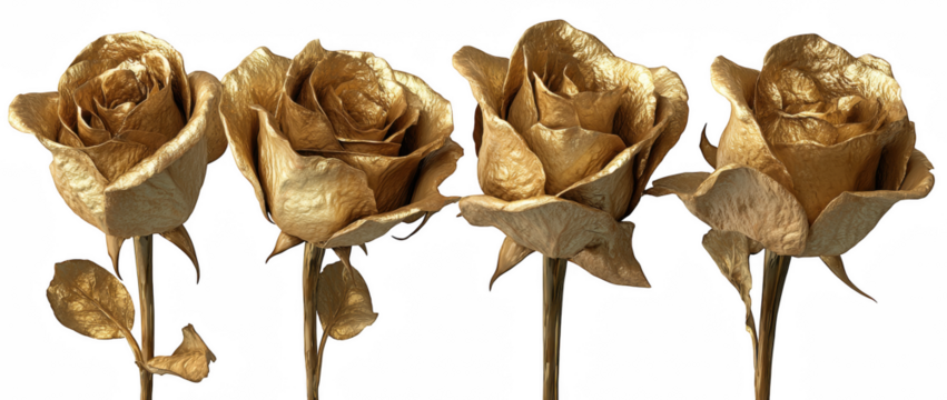 Set of Four Golden Roses on Transparent Background