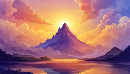 landscape cartoon illustration nature, mountain, lake, river