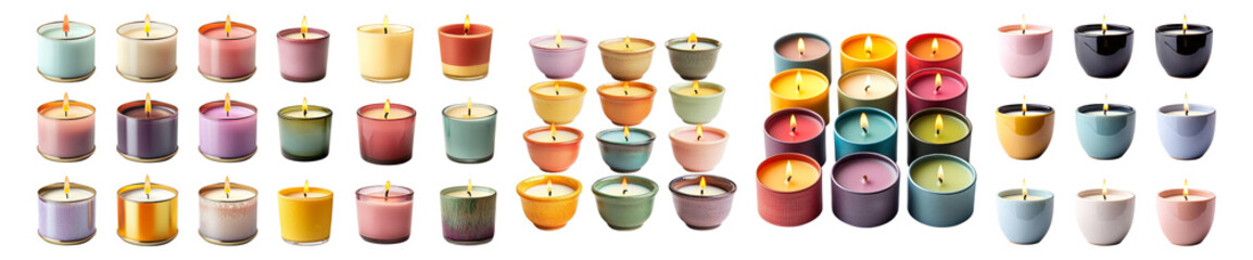 Collection of Colorful Scented Candles for Home Decoration, Isolated on Transparent, white background