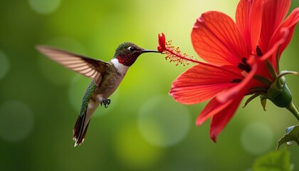 Fototapeta premium A hummingbird gracefully hovering near a vibrant red flower, its long beak delicately probing the petals