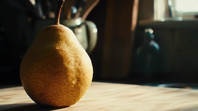Close-up of a pear on a wooden surface