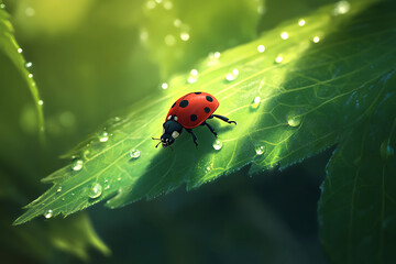 Obraz premium A vibrant ladybug perched on a dew-covered leaf in a lush green environment, showcasing nature's beauty