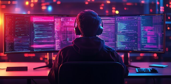 Programmer Immersed in Neon-Lit Code: Triple Monitor Setup