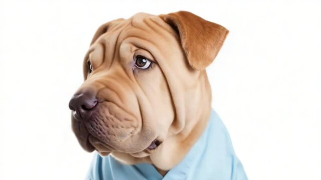 Shar Pei Portrait: A close-up shot of a Shar Pei dog, with distinctive wrinkled skin and a serious gaze, dressed in a blue cloth. captures the dog's unique breed character and serene demeanor.