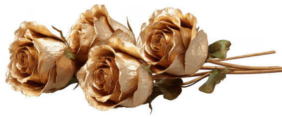 Set of Four Golden Roses on Transparent Background