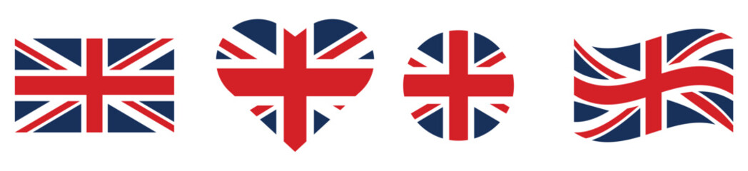 flag of Great Britain united kingdom. Britain flag set in square, circle, waving flag and heart shape icons. Vector illustration.   © FitryHnd