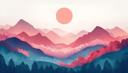 landscape cartoon illustration nature, mountain, lake, river
