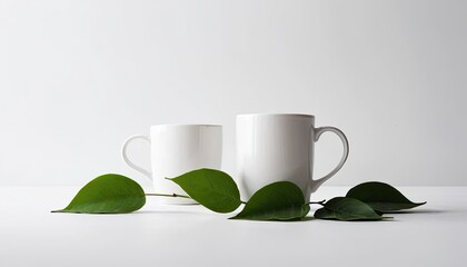 Fototapeta premium Serene Minimalist Still Life: Two White Mugs and Lush Green Leaves on a Pristine White Surface