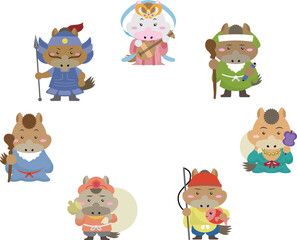 2026年・午年を祝う！七福神の馬たちが円を描く、かわいらしいフレーム風イラスト