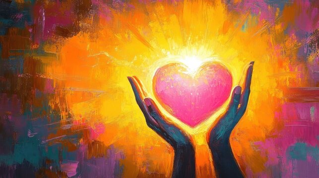 two hands gently holding a glowing bright pink heart surrounded by radiant warm yellow and orange light with vibrant abstract colorful background