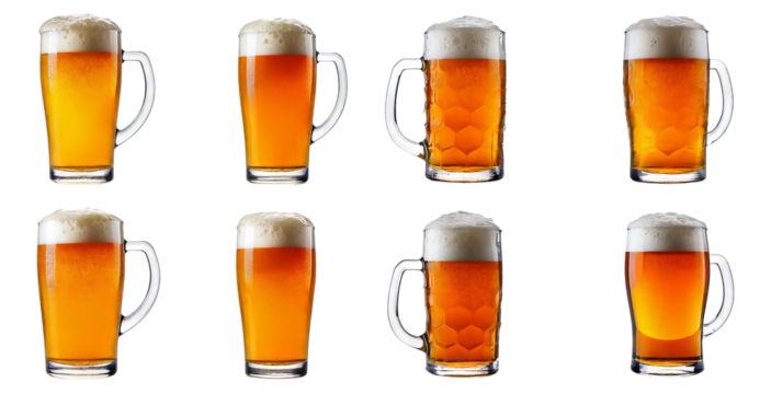 Various Glasses of Golden Beer with Foamy Tops and Unique Shapes, Isolated on Transparent, white background - Powered by Adobe