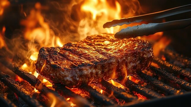 Close-up of a juicy steak cooking on an open grill with flames and smoke, being turned with metal tongs, evoking a warm and intense barbecue atmosphere