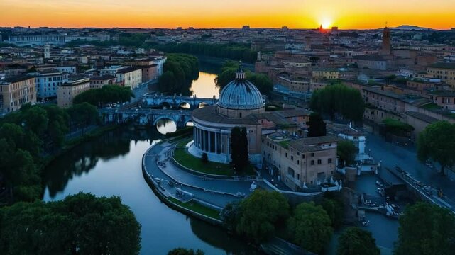Tempietto Sunset: A breathtaking aerial view of the Tempietto in Rome, Italy, at sunset, showcasing the iconic building, the surrounding river, and the cityscape in the golden light.