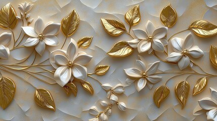 3D wallpaper with white flowers and golden leaves on beige textured background, abstract decorative art style for modern interior design. High-resolution botanical mural pattern for luxury home decor,