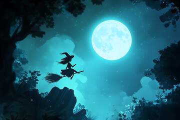 Fototapeta premium Silhouetted witch flying on a broomstick under a glowing moon amidst a mystical forest