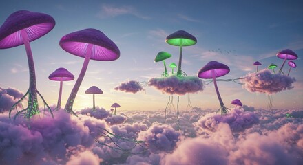 Floating mushroom world above pink clouds
