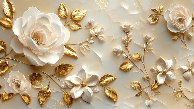 3D wallpaper with white flowers and golden leaves on beige textured background, abstract decorative art style for modern interior design. High-resolution botanical mural pattern for luxury home decor,