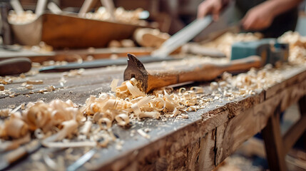 Close up of wood shavings and tools on a workbench showing woodworking and crafting activities in workshop .