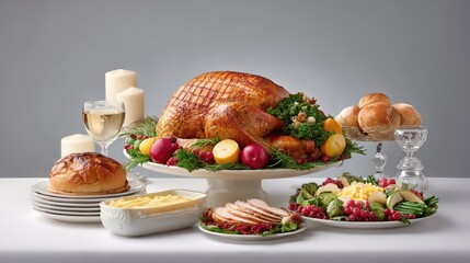 Thanksgiving feast with roasted turkey, sides, and festive decor