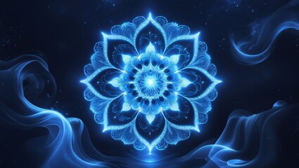 Obraz premium A glowing blue mandala over a dark background, radiating energy and peace, representing spiritual focus and emotional alignment